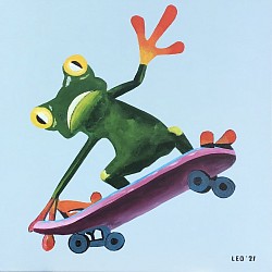 Kikker op skateboard 50 x 50 cm. € 25,00