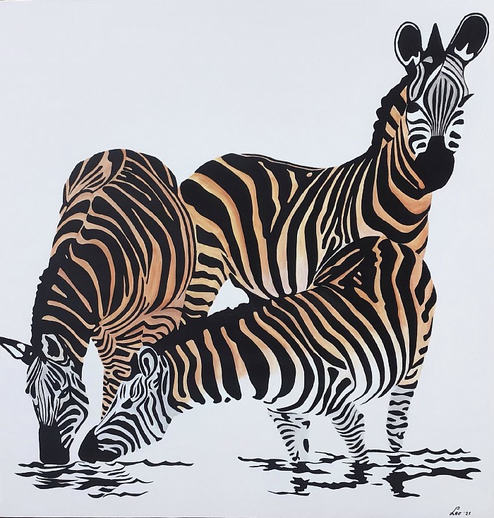 Drinkende zebra’s  122 x 122 cm.  € 350,00.  Verkocht