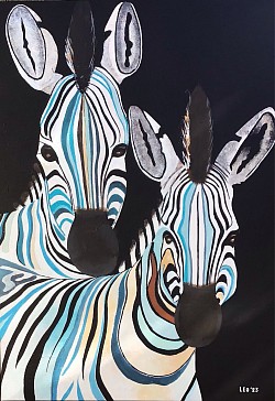 Zebra’s met blauw. 70 x 100 cm.  € 100,00